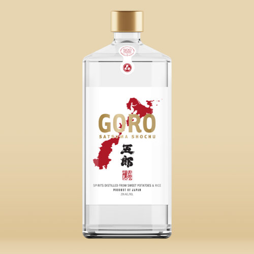 A bottle of Goro sweet potato shochu with a gold cap.