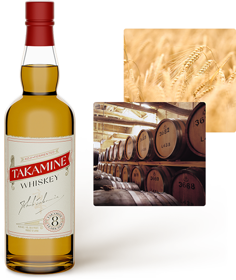 Takamine Koji Whiskey 8 Year Old bottle barrels barley